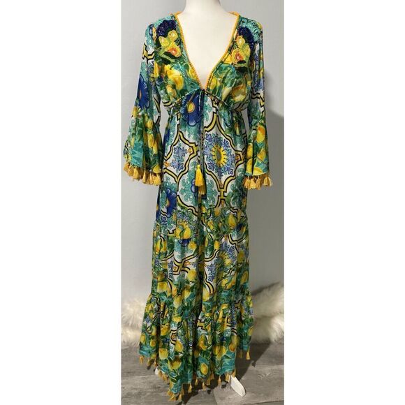 Antica Sartoria NWT lemons blue floral pattern beaded tie front long maxi cover - Picture 2 of 16